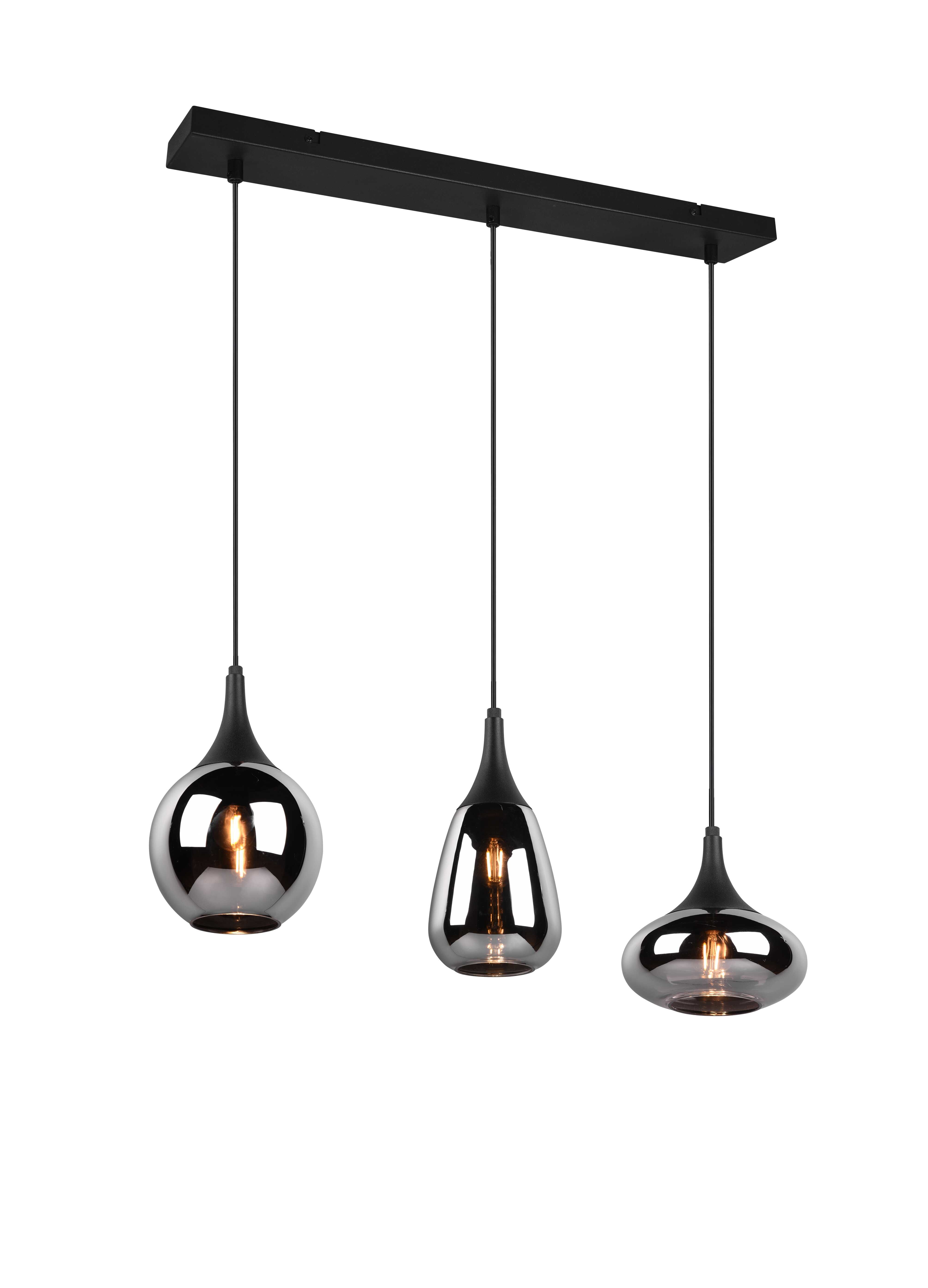 Lampada a sospensione 3 diffusori, metallo, nero e fumé, L 68 cm, Lumina